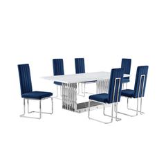 7pc Large(79") marble top dining set with silver base and 6 Navy blue chairs
