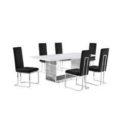7pc Large(79") marble top dining set with silver base and 6 Black side chairs