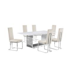 7pc Large(79") marble top dining set with silver base and 6 Cream side chairs