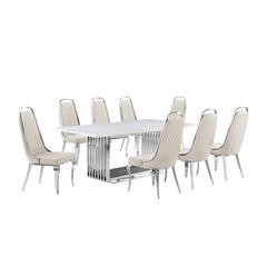 9pc Large(79") marble top dining set with silver base and 8 cream side chairs