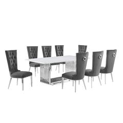 9pc Large(79") marble top dining set with silver base and 8 Dark grey chairs