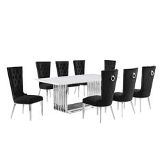 9pc Large(79") marble top dining set with silver base and 8 Black side chairs