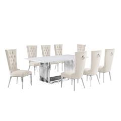 9pc Large(79") marble top dining set with silver base and 8 cream side chairs