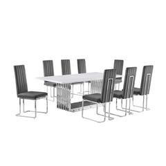 9pc Large(79") marble top dining set with silver base and 8 Dark grey chairs