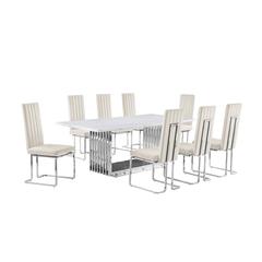 9pc Large(79") marble top dining set with silver base and 8 cream side chairs