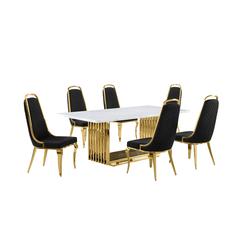 7pc Small(68") marble top dining set with gold base and 6 Black side chairs