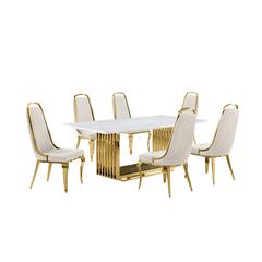 7pc Small(68") marble top dining set with gold base and 6 Cream side chairs