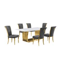 7pc Small(79") marble top dining set with gold base and 6 Dark grey side chairs