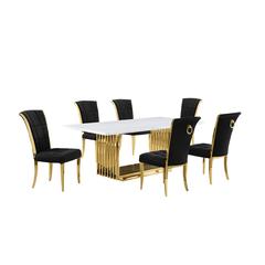 7pc Small(79") marble top dining set with gold base and 6 Black side chairs
