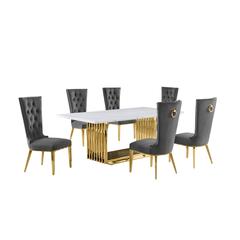 7pc Large(79") marble top dining set with gold base and 6 Dark grey side chairs