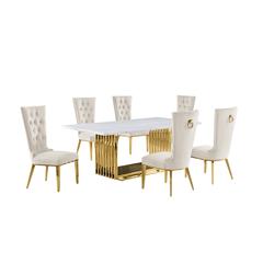 7pc Large(79") marble top dining set with gold base and 6 Cream side chairs
