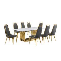 9pc Large(79") marble top dining set with gold base and 8 Dark grey side chairs