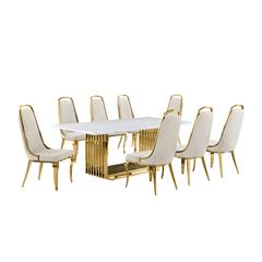 9pc Large(79") marble top dining set with gold base and 8 Cream side chairs