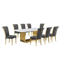 9pc Large(79") marble top dining set with gold base and 8 Dark grey side chairs