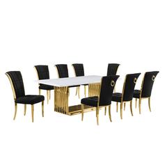 9pc Large(79") marble top dining set with gold base and 8 Black side chairs