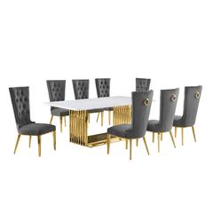 9pc Large(79") marble top dining set with gold base and 8 Dark grey side chairs