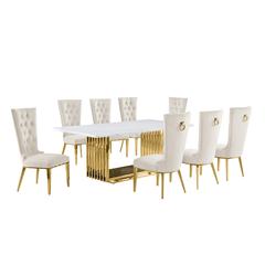 9pc Large(79") marble top dining set with gold base and 8 cream side chairs