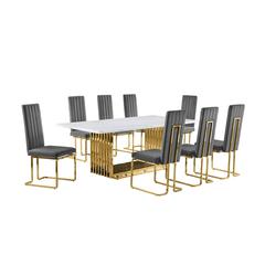 9pc Large(79") marble top dining set with gold base and 8 Dark grey side chairs