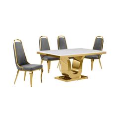 5pc Small(66") marble top dining set with gold base and 4 Dark grey side chairs