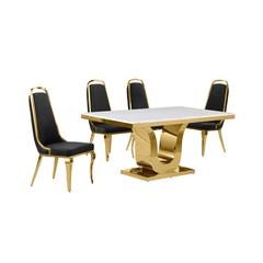5pc Small(66") marble top dining set with gold base and 4 Black side chairs