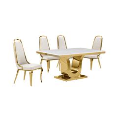 5pc Small(66") marble top dining set with gold base and 4 Cream side chairs