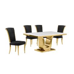 5pc Small(66") marble top dining set with gold base and 4 Black side chairs