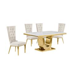 5pc Small(66") marble top dining set with gold base and 4 Cream side chairs