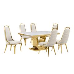 7pc Small(66") marble top dining set with gold base and 6 Cream side chairs