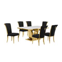 7pc Small(66") marble top dining set with gold base and 6 Black side chairs