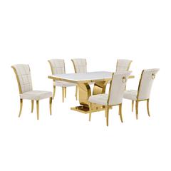 7pc Small(66") marble top dining set with gold base and 6 Cream side chairs