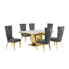 7pc Small(66") marble stop dining set with gold base and 6 Dark grey chairs