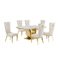 7pc Small(66") marble stop dining set with gold base and 6 Cream side chairs