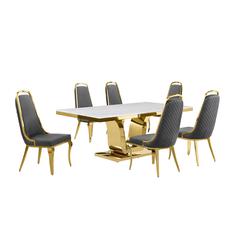 7pc Large(76") marble top dining set with gold base and 6 Dark grey side chairs