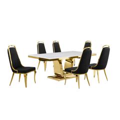7pc Large(76") marble top dining set with gold base and 6 Black side chairs