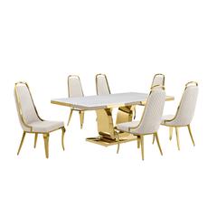 7pc Large(76") marble top dining set with gold base and 6 Cream side chairs