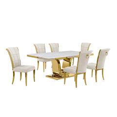 7pc Large(76") marble top dining set with gold base and 6 Cream side chairs