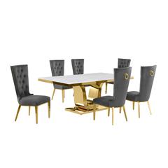 7pc Large(76") marble top dining set with gold base and 6 Dark grey side chairs