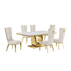 7pc Large(76") marble top dining set with gold base and 6 Cream side chairs