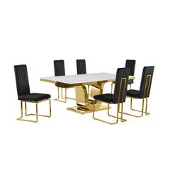 7pc Large(76") marble top dining set with gold base and 6 Black side chairs
