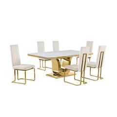 7pc Large(76") marble top dining set with gold base and 6 Cream side chairs
