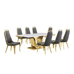 9pc Large(78") marble top dining set with gold base and 8 Dark grey side chairs