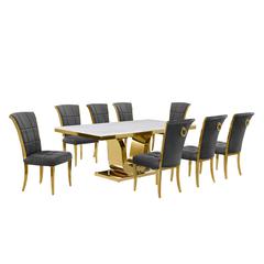 9pc Large(78") marble top dining set with gold base and 8 Dark grey side chairs