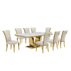 9pc Large(78") marble top dining set with gold base and 8 Cream side chairs