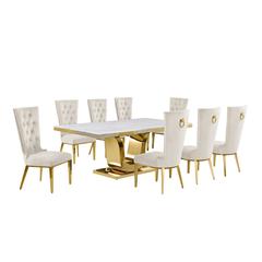 9pc Large(78") marble top dining set with gold base and 8 Cream side chairs