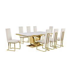 9pc Large(78") marble top dining set with gold base and 8 Cream side chairs