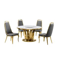 5pc White marble round dining set with gold base and 4 Dark Grey side chairs