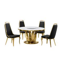 5pc White marble round dining set with gold base and 4 Black side chairs
