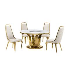 5pc White marble round dining set with gold base and 4 Cream side chairs