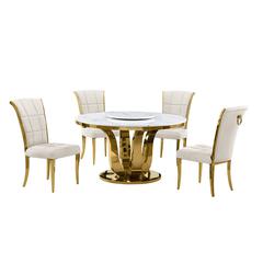 5pc White marble round dining set with gold base and 4 Cream side chairs