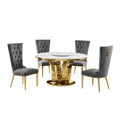 5pc White marble round dining set with gold base and 4 Dark Grey side chairs
